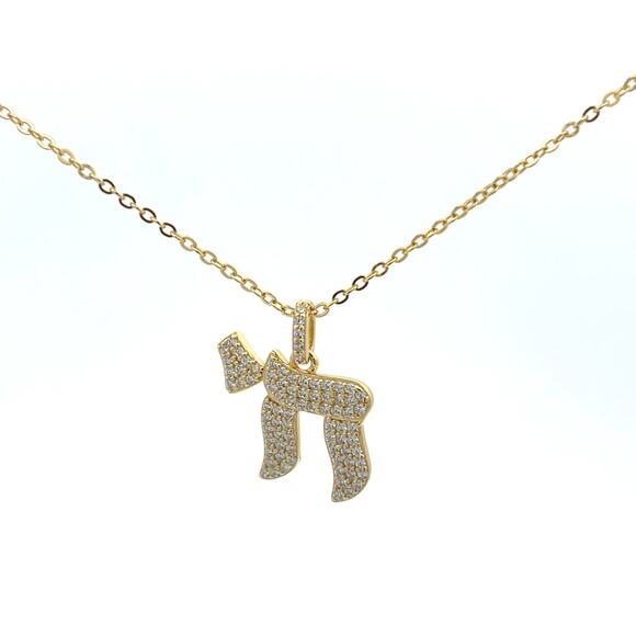 Pave Chai Pendant Gold Tone Necklace - Picture 1 of 6